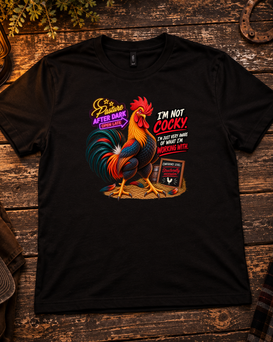 Randy cocky attitude poultry humor shirt product image