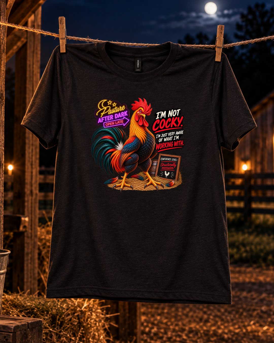 Pasture After Dark adult rooster shirt product mockup