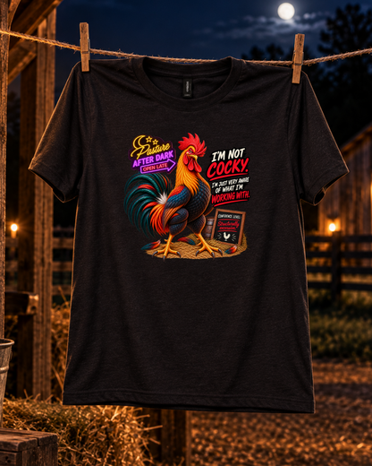 Pasture After Dark adult rooster shirt product mockup