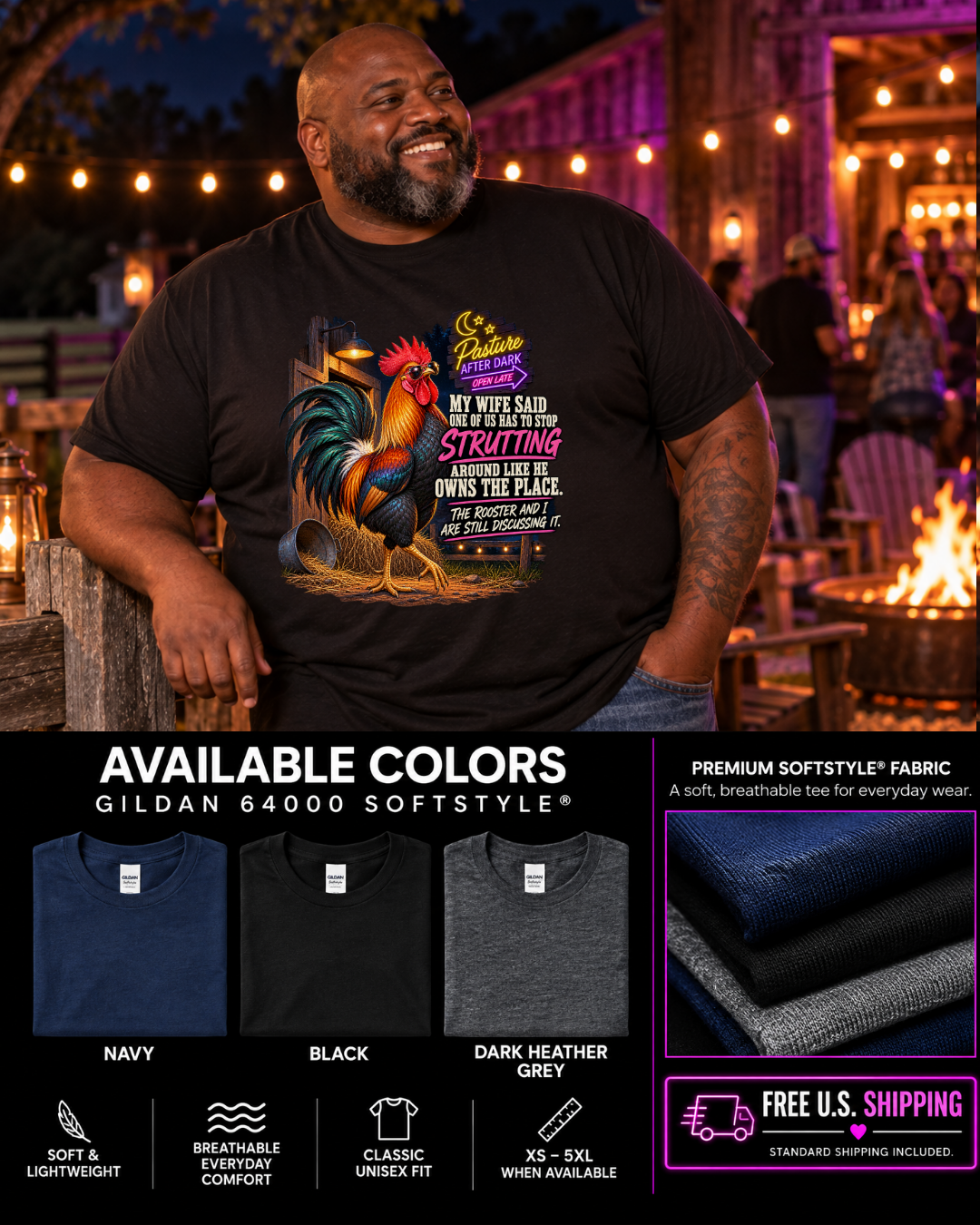 Funny adult rooster T-shirt featuring Randy