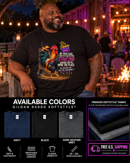 Funny adult rooster T-shirt featuring Randy