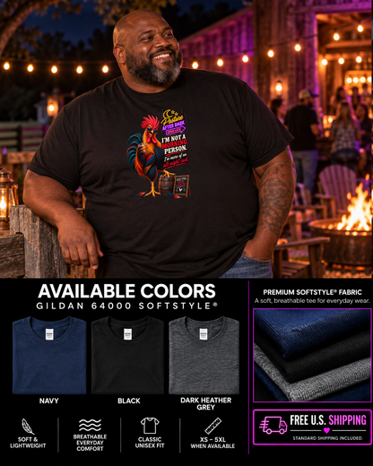 Funny adult rooster T-shirt featuring Randy from Pasture After Dark