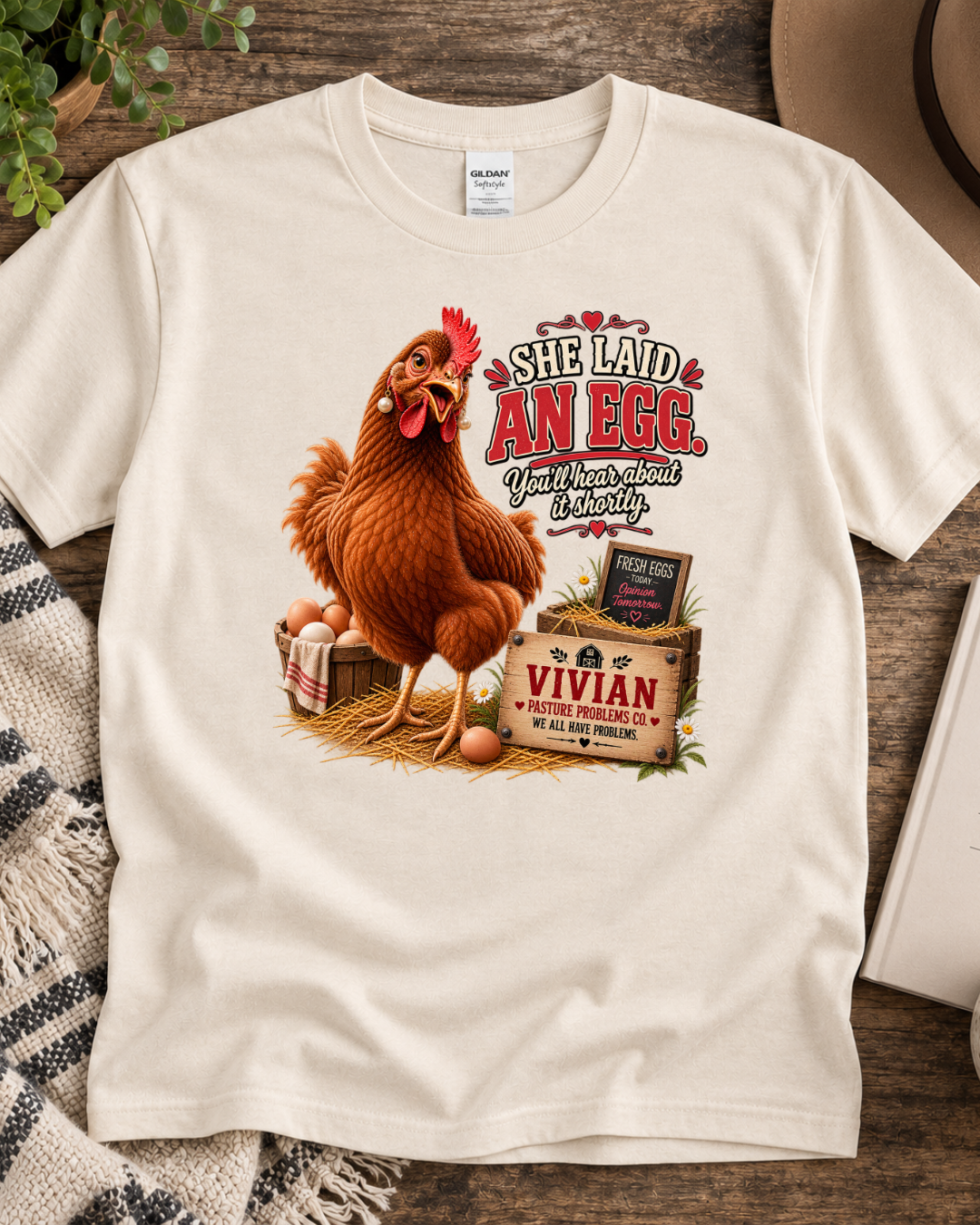 Funny chicken egg announcement T-shirt featuring Vivian