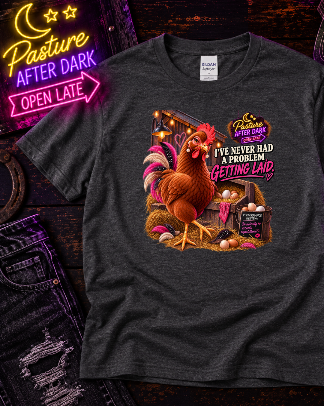 Adult chicken humor T-shirt featuring Vivian from Pasture After Dark
