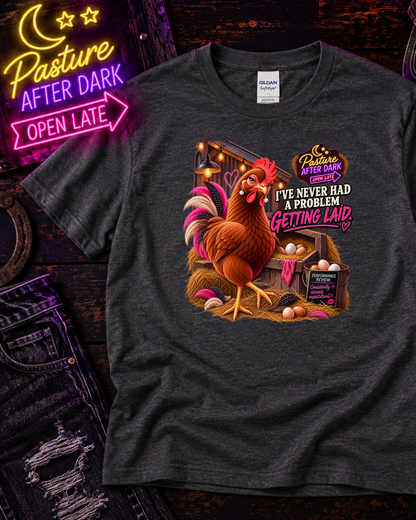 Adult chicken humor T-shirt featuring Vivian from Pasture After Dark