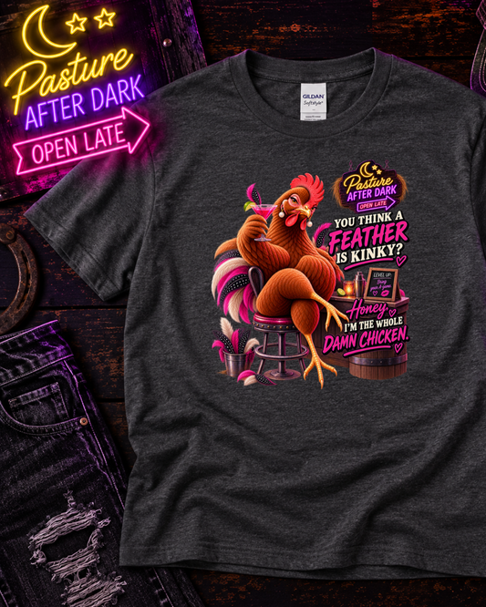Funny adult chicken T-shirt featuring Vivian from Pasture After Dark