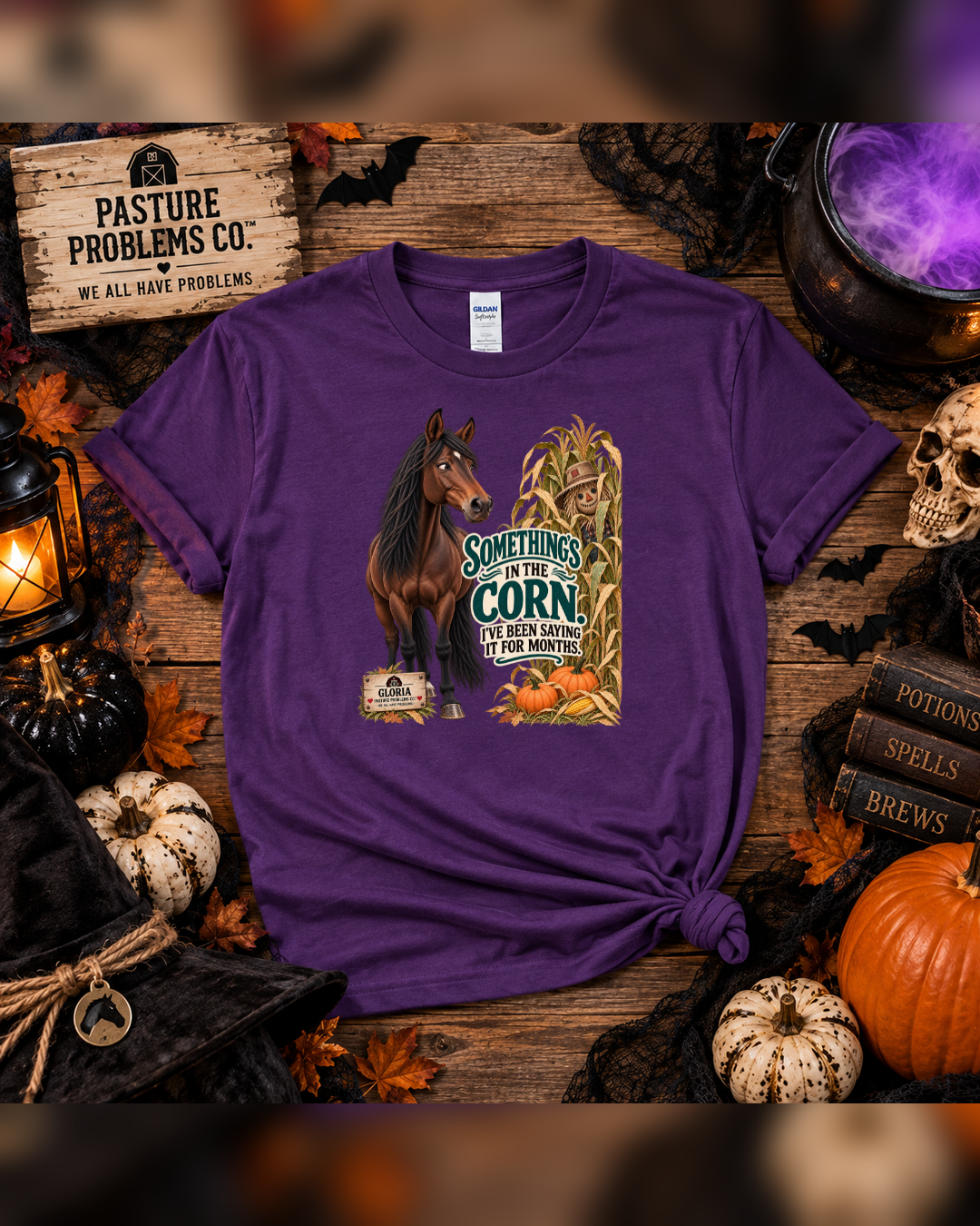 Something’s in the Corn I’ve Been Saying It for Months – Gloria Halloween Horse T-Shirt — Gloria horse shirt product image