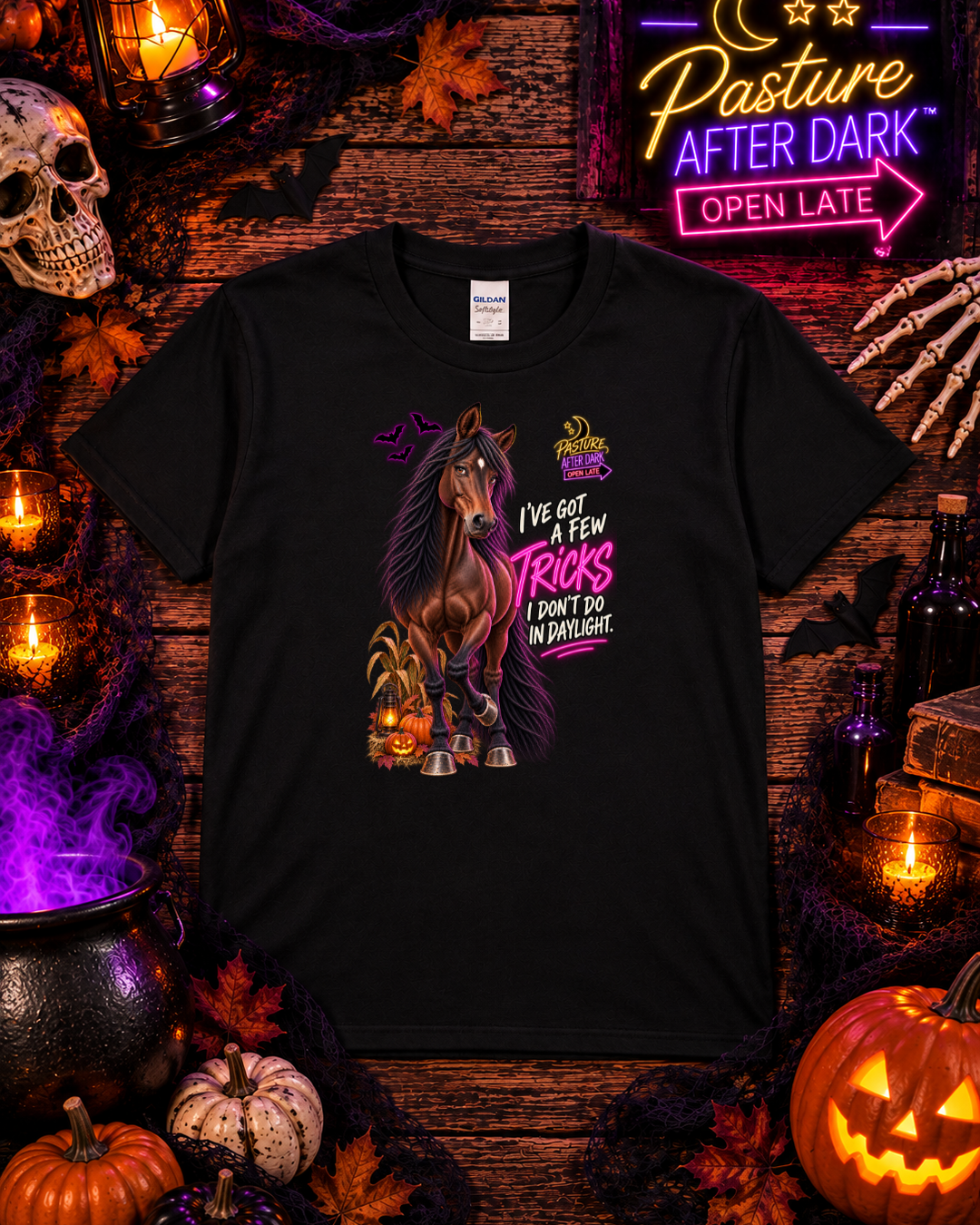 I’ve Got a Few Tricks I Don’t Do in Daylight – Gloria Halloween Horse T-Shirt — Gloria horse shirt product image