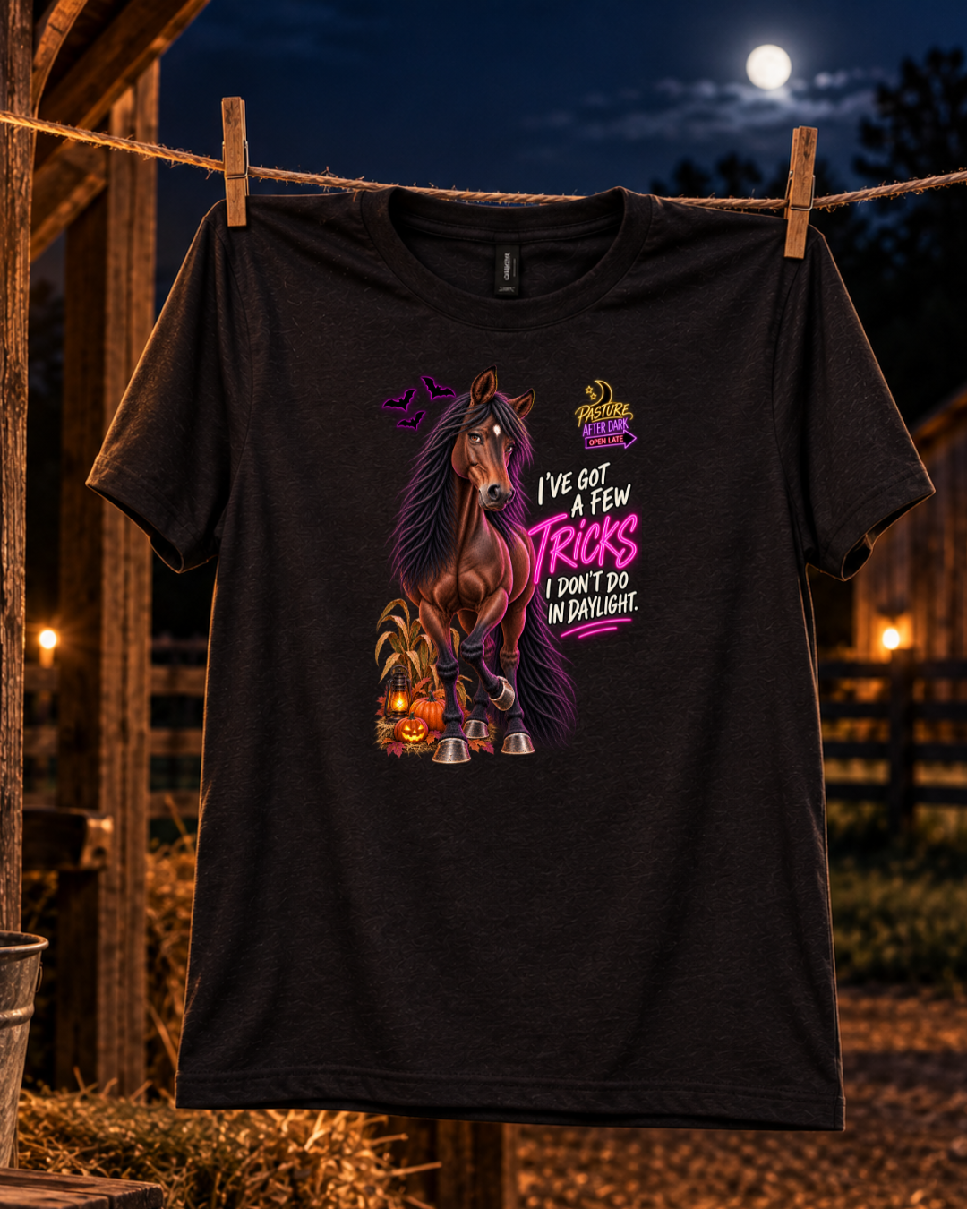 I’ve Got a Few Tricks I Don’t Do in Daylight – Gloria Halloween Horse T-Shirt — Gloria horse shirt product image