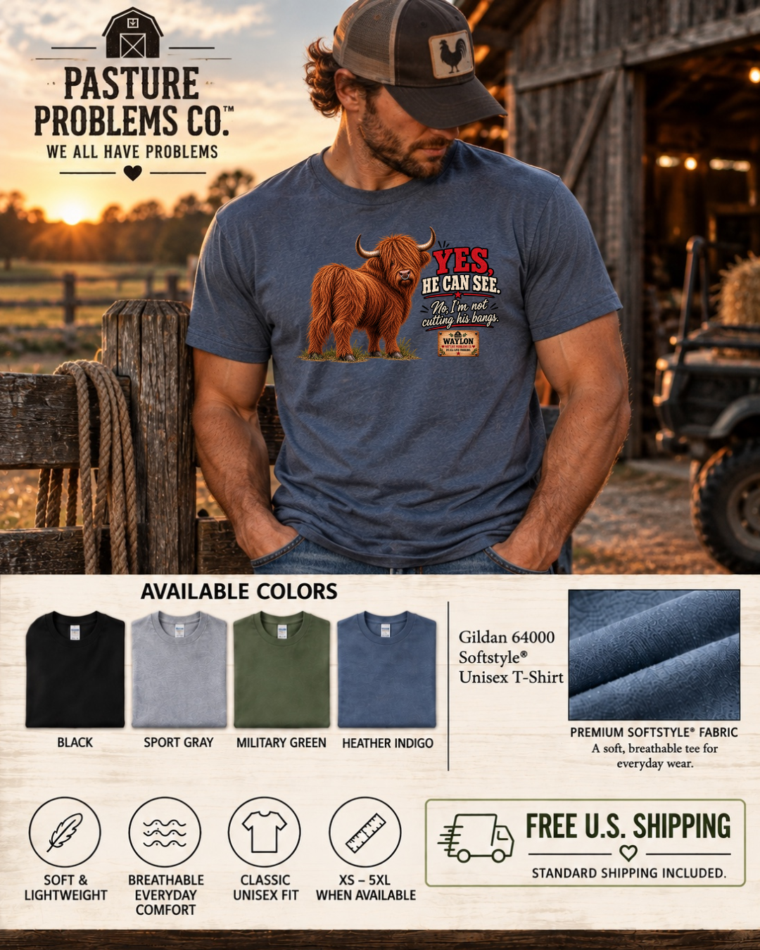 Yes, He Can See — Funny Highland Cow T-Shirt — Waylon Highland cow shirt product image
