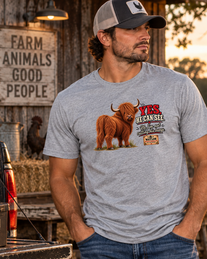Yes, He Can See — Funny Highland Cow T-Shirt — Waylon Highland cow shirt product image