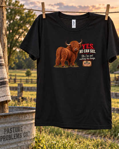 Yes, He Can See — Funny Highland Cow T-Shirt — Waylon Highland cow shirt product image