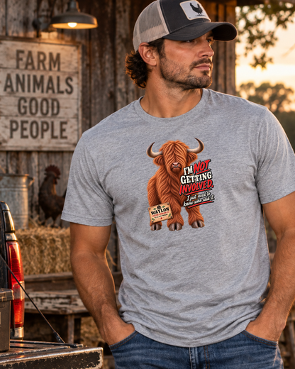 I’m Not Getting Involved — Funny Highland Cow T-Shirt — Waylon Highland cow shirt product image