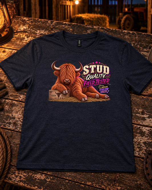 Stud Quality. Field Tested. — Funny Adult Highland Cow T-Shirt — Waylon Highland cow shirt product image