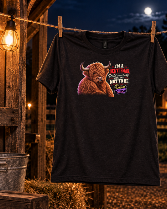 I’m a Gentleman Until Somebody Asks Me Not to Be — Funny Adult Highland Cow T-Shirt — Waylon Highland cow shirt product image