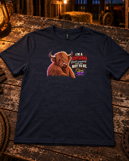 I’m a Gentleman Until Somebody Asks Me Not to Be — Funny Adult Highland Cow T-Shirt — Waylon Highland cow shirt product image