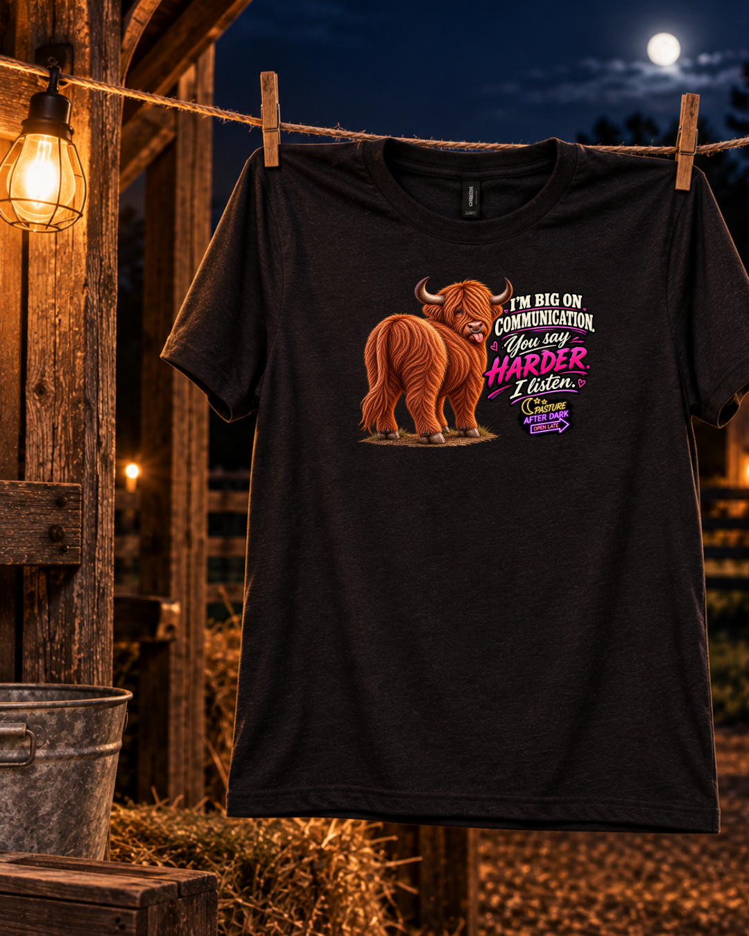 Alternate product image of the Waylon “I’m Big on Communication” Highland cow T-shirt.