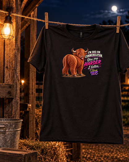 Alternate product image of the Waylon “I’m Big on Communication” Highland cow T-shirt.