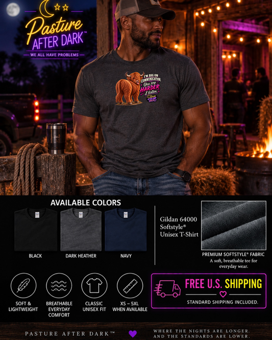 Waylon Highland cow “I’m Big on Communication” adult humor T-shirt product image.