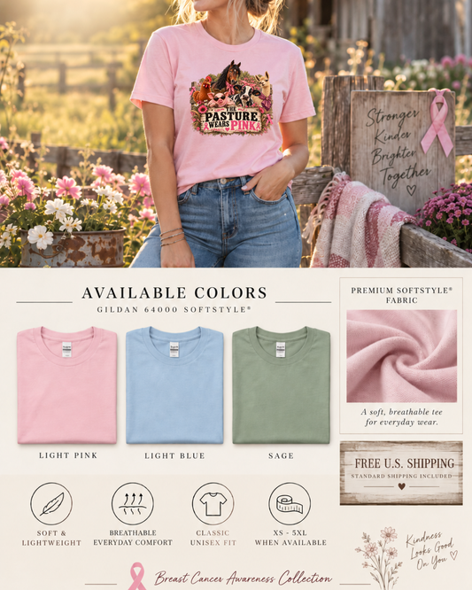 Woman wearing the light pink Pasture Wears Pink farm-animal breast cancer awareness T-shirt, with available shirt colors and product details shown below.