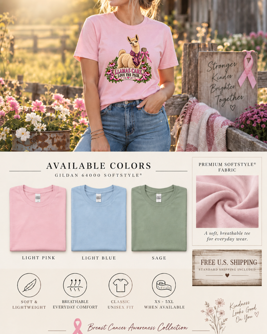 Woman wearing the light pink Llamas Care Love the Pair breast cancer awareness T-shirt, with available shirt colors shown below.