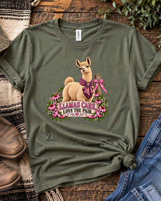 Olive green Llamas Care Love the Pair breast cancer awareness T-shirt featuring Blanche the llama with a pink bow and flowers.