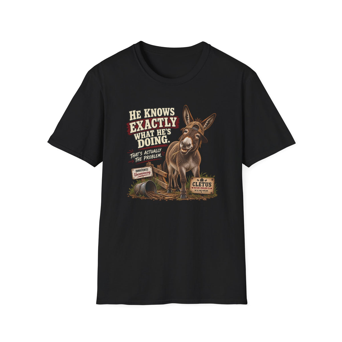 Cletus He Knows Exactly What He's Doing donkey shirt mockup