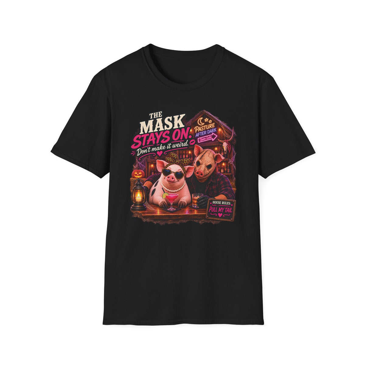 Pearl The Mask Stays On adult Halloween pig T-shirt