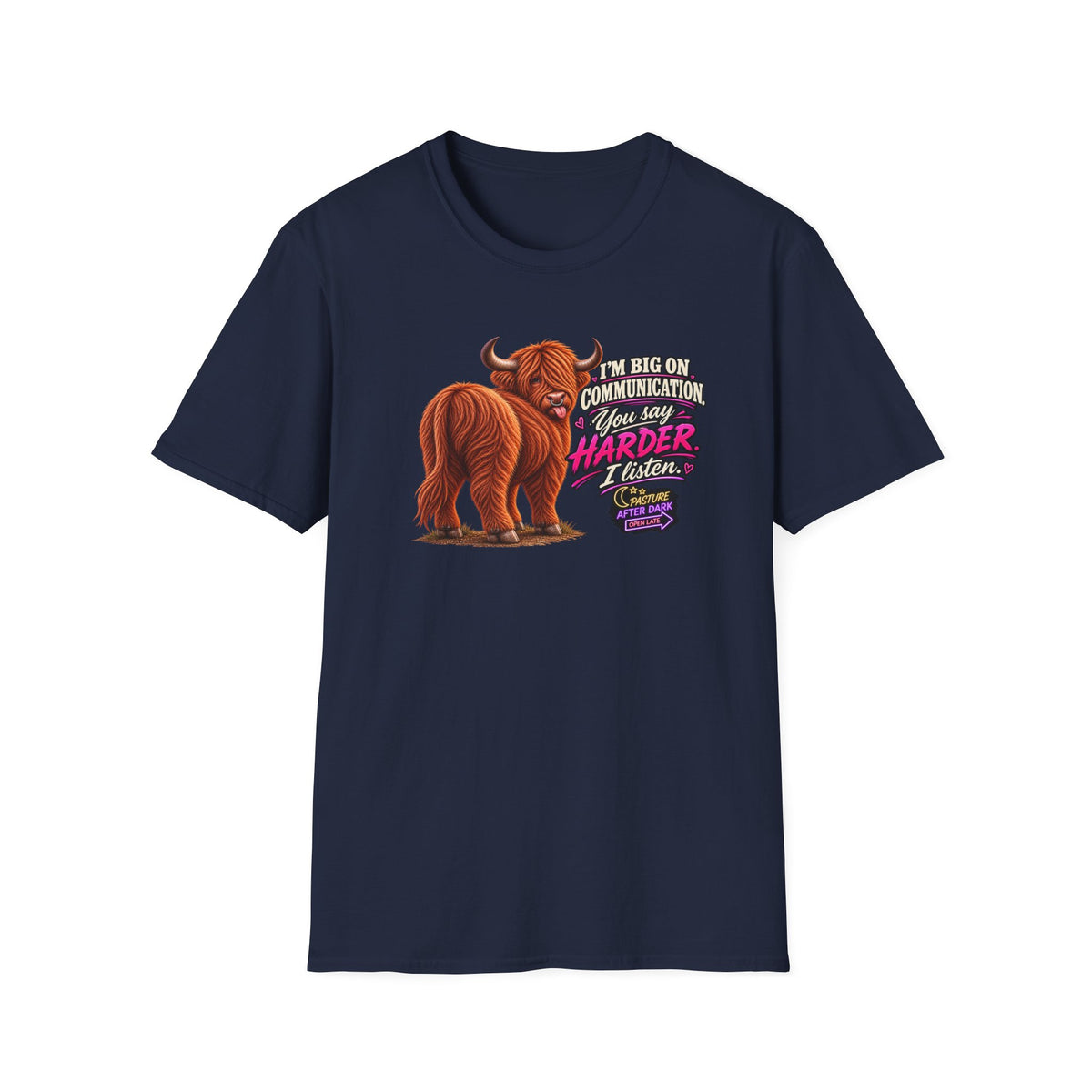 Waylon “I’m Big on Communication” Highland cow T-shirt product image.
